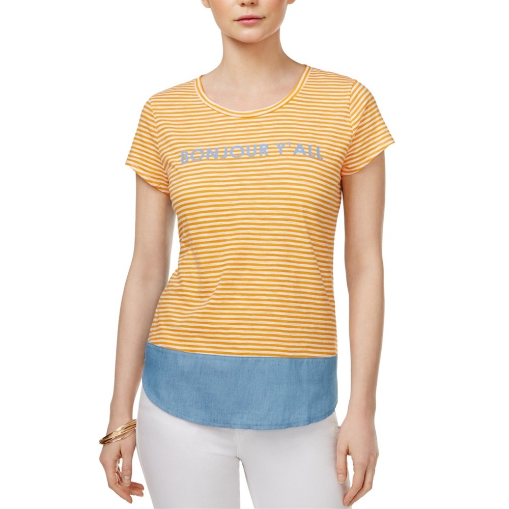 NWT Maison Jules Bonjour Y’all Striped Graphic Tee